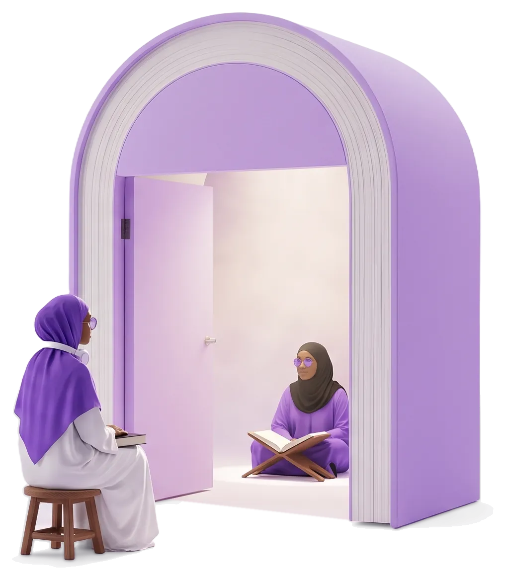 Une femme assise sur un tabouret suit le cours de son enseignante, installée sous l’arche.
