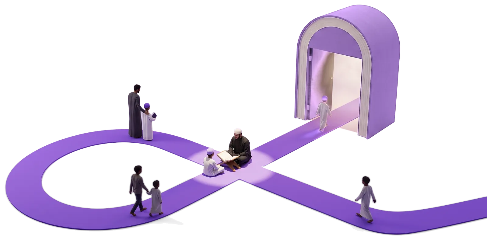 Un chemin violet en forme de boucle infinie relie des familles, un enseignant et son élève, jusqu’à une arche ouverte.