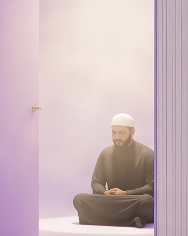 Gros plan : un enseignant est assis en tailleur, les mains jointes, dans la pièce éclairée, de l’autre côté de la porte ouverte.