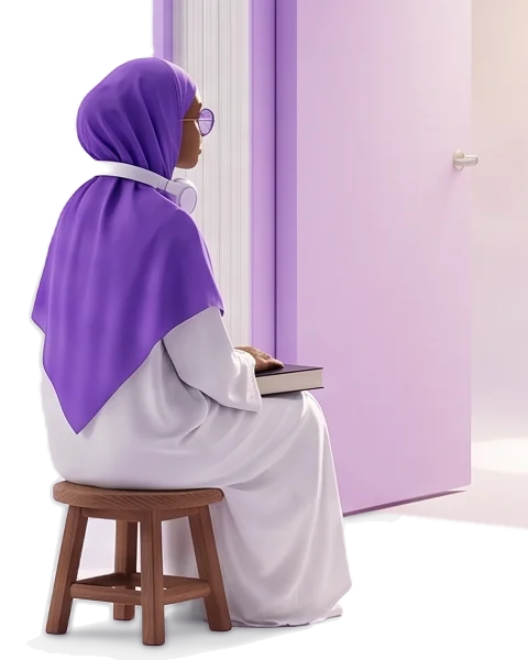 Vue de dos, une femme en hijab violet, assise sur un tabouret en bois, un livre sur les genoux, regarde vers une porte ouverte.
