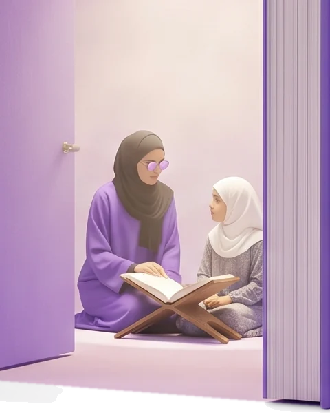 Derrière la porte ouverte, une fillette au voile blanc regarde son enseignante, qui pose la main sur le livre ouvert de leur pupitre de lecture.