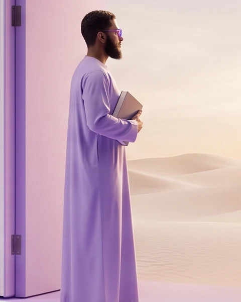 Un homme en longue tunique, un livre à la main, se tient près d’une porte ouverte et regarde des dunes de sable pâle.