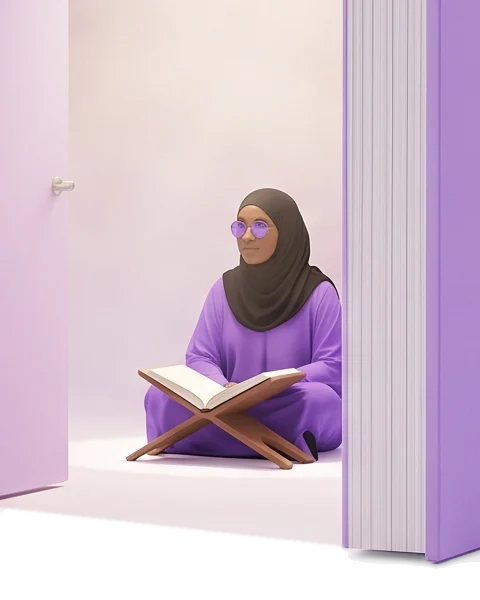 Une enseignante en hijab sombre, assise en tailleur, regarde devant elle, un livre ouvert sur son pupitre de lecture.