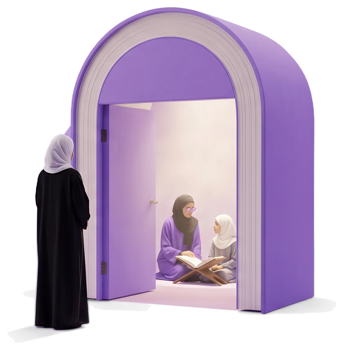 Une mère se tient à la porte ouverte et regarde sa fille lire avec son enseignante.