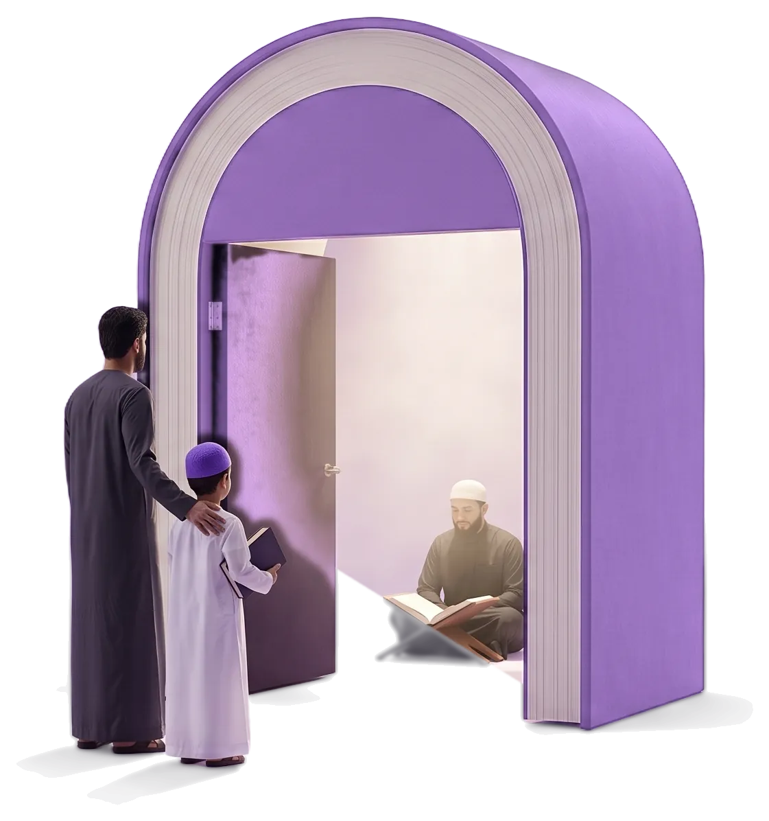 Un père accompagne son fils jusqu’à la porte ouverte, où l’enseignant attend avec son pupitre de lecture.