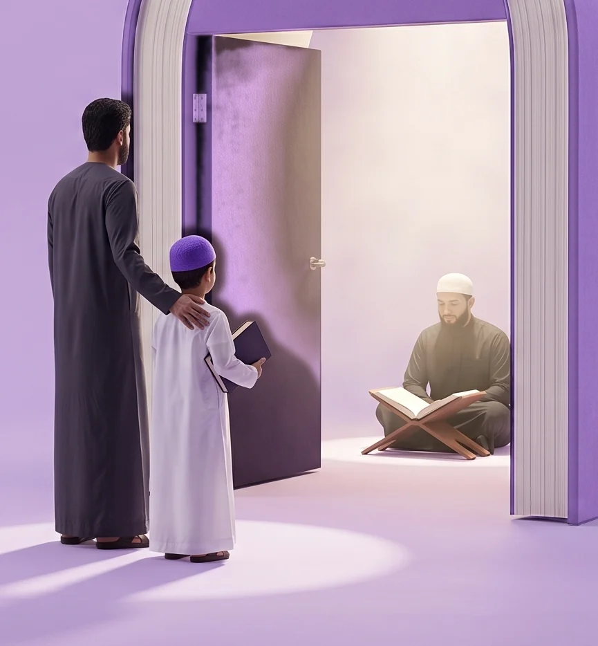 Un père, la main sur l’épaule de son fils qui tient un livre, s’arrête avec lui au seuil d’une porte ouverte ; à l’intérieur, l’enseignant lit, assis devant son pupitre.